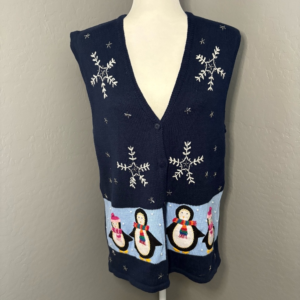 Vintage Navy Blue Penguin Embroidered Sweater Vest Size‎ Large